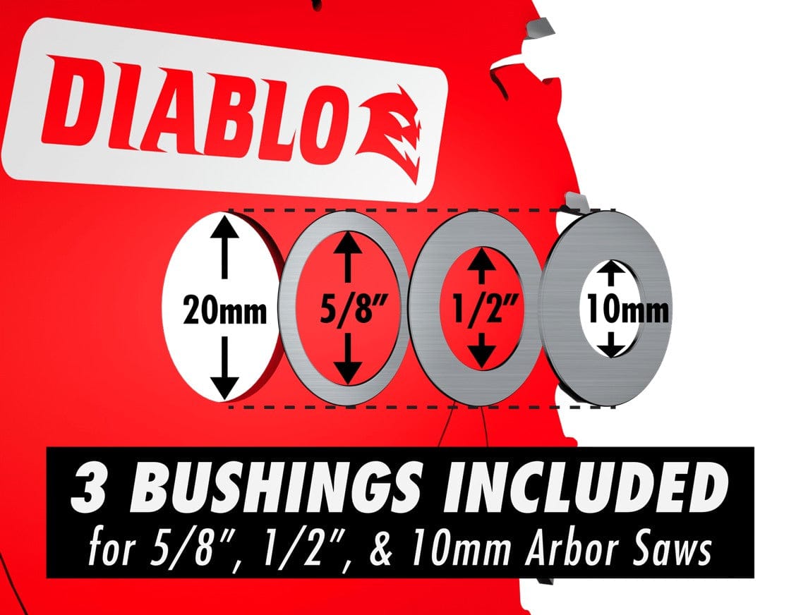 An instructional graphic showing that three bushings are included with the saw blade to adapt the 20mm arbor for use with 5/8-inch, 1/2-inch, and 10mm arbor saws.