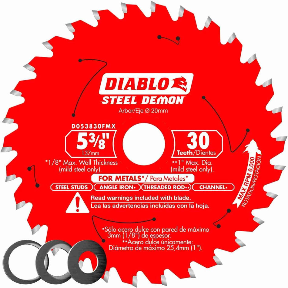 Front view of the Diablo D053830FMX 5-3/8 inch 30-tooth Steel Demon carbide metal cutting saw blade, highlighting its 20mm arbor and specific capabilities for cutting mild steel studs, angle iron, and threaded rod.