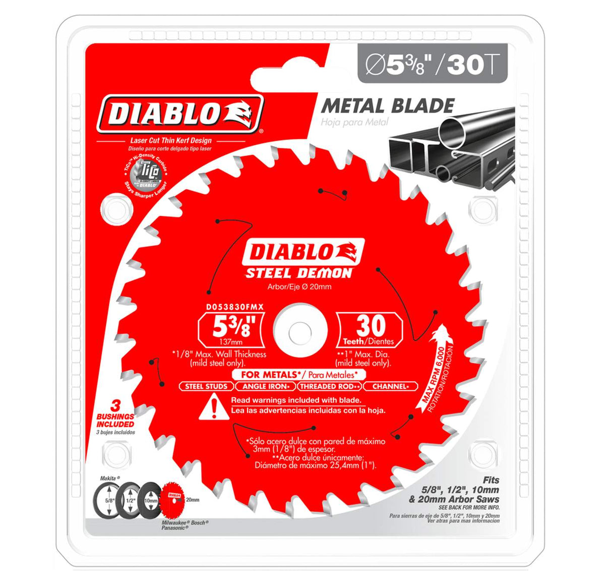 Retail packaging for the Diablo 5-3/8 inch carbide metal cutting blade, featuring a thin kerf design and including three conversion bushings to fit 5/8 inch, 1/2 inch, and 10mm arbor saws.