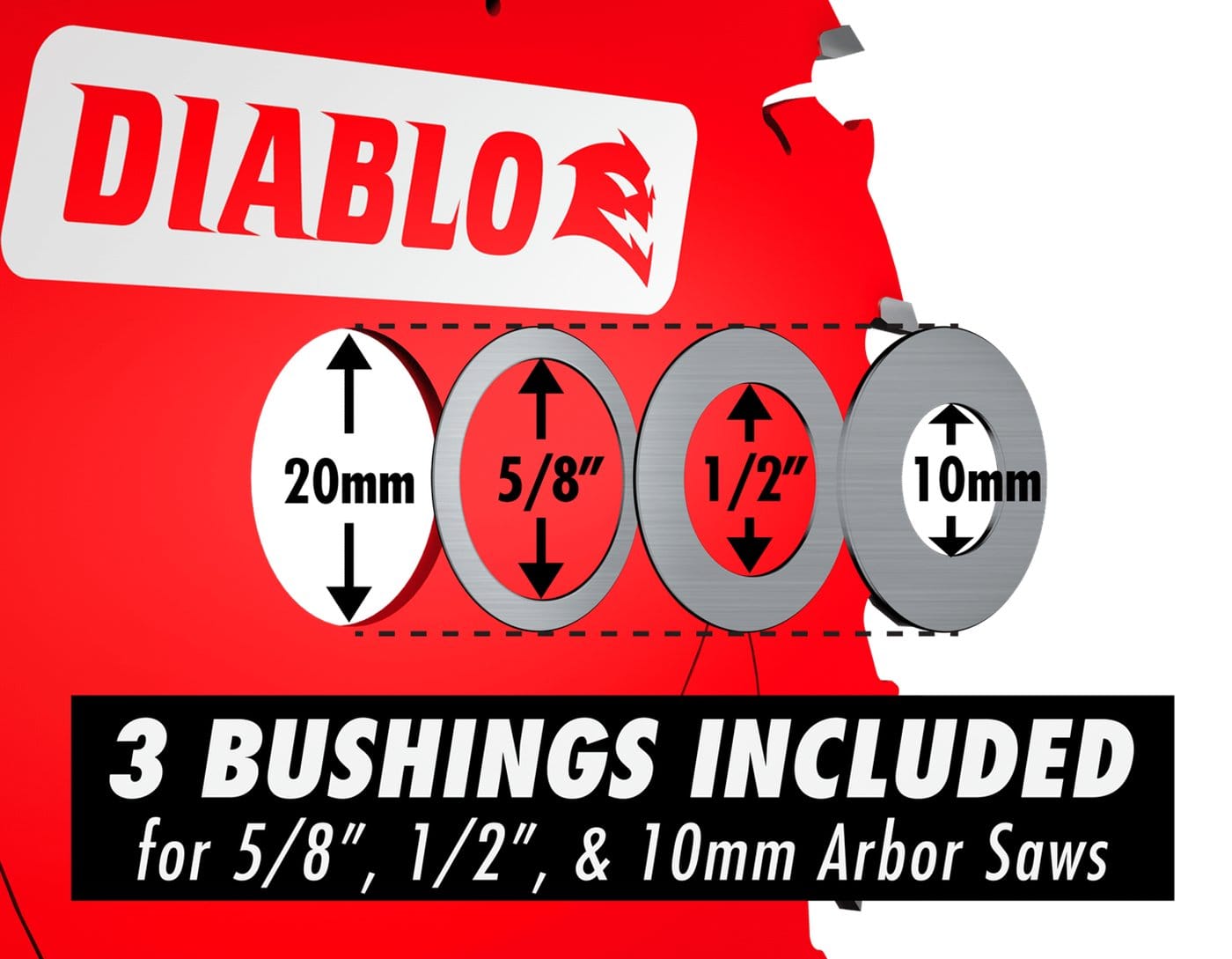 Close-up graphic illustrating the three included metal bushings that adapt the Diablo 20mm arbor saw blade for use with 5/8 inch, 1/2 inch, and 10mm arbor power tools.