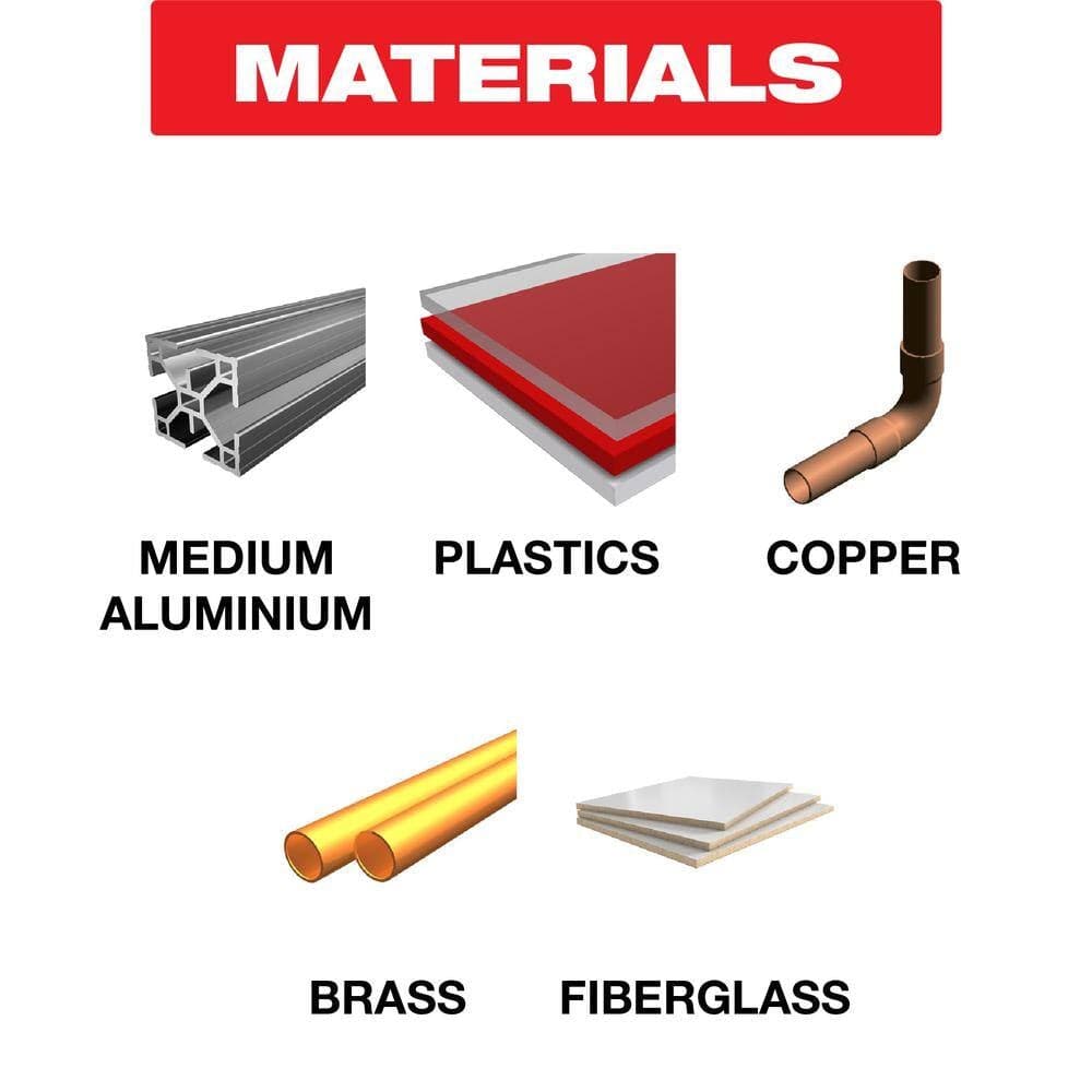 Material application infographic for the Diablo Steel Demon saw blade, showing compatibility with medium aluminum, plastics, copper, brass, and fiberglass materials.