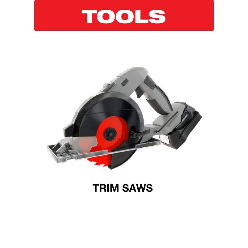 Tool compatibility graphic confirming the Diablo 5-3/8 inch 30-tooth carbide metal blade is engineered for high-performance use with professional cordless trim saws.