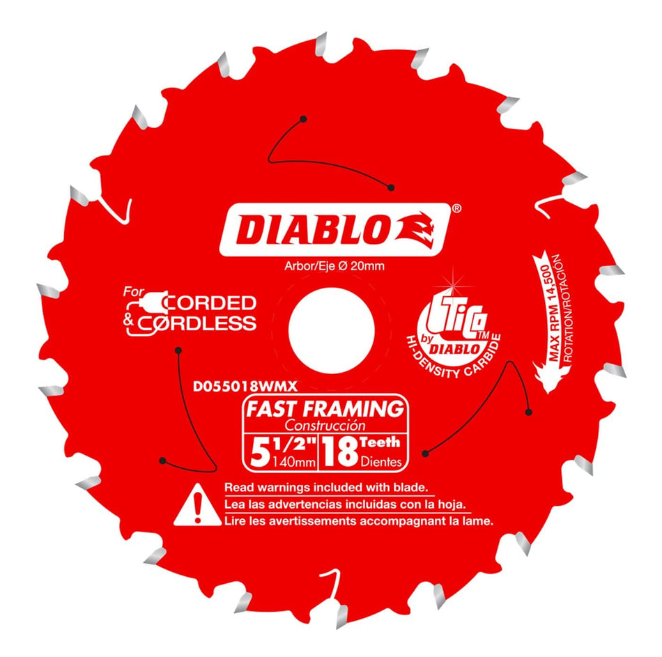 Diablo D055018WMX 5-1/2-inch 18-tooth fast framing circular saw blade featuring TiCo high-density carbide for cordless wood cutting.