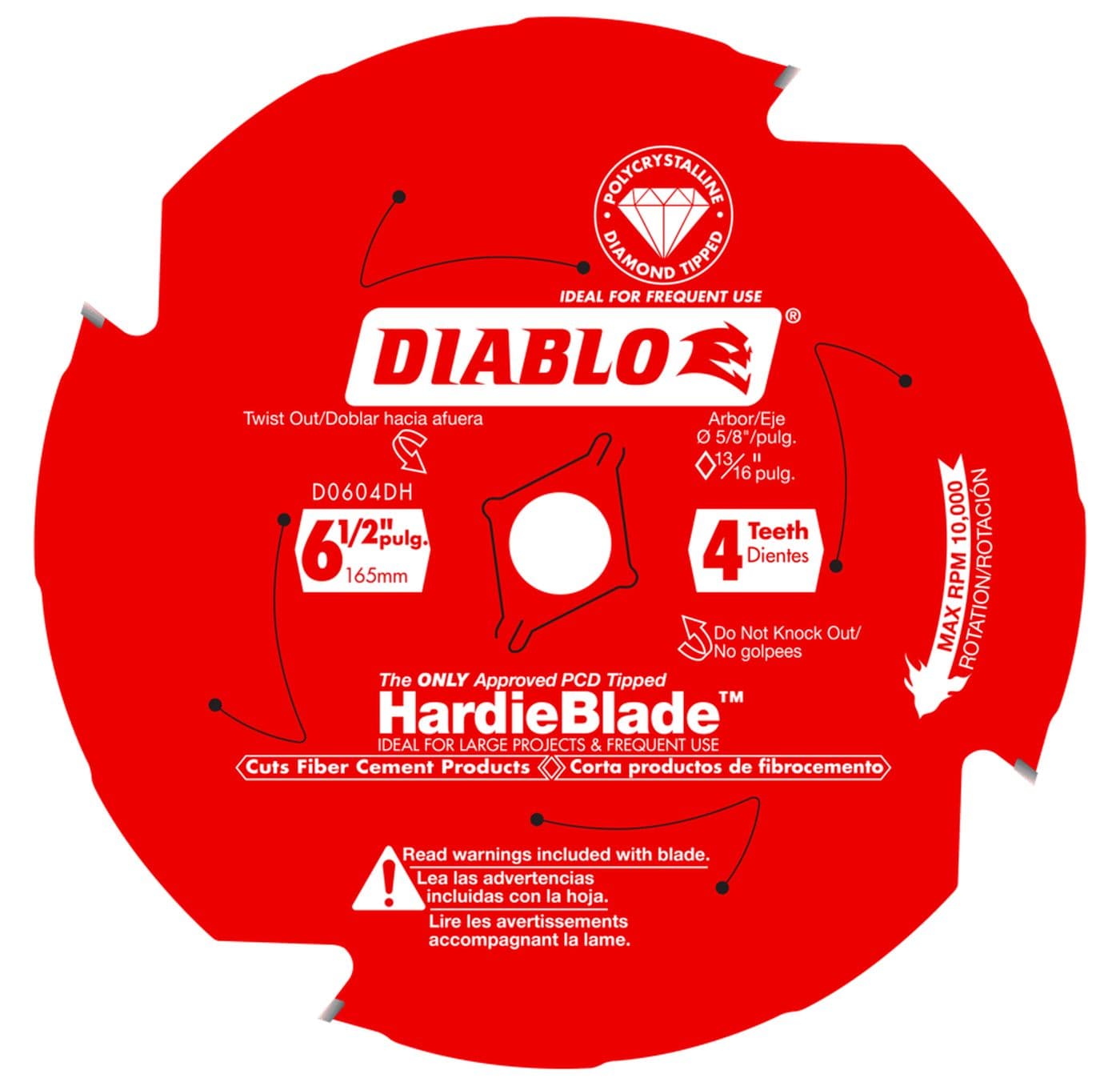 Front view of the Diablo D0604DH 6-1/2 inch 4-tooth HardieBlade fiber cement saw blade featuring its signature red Perma-Shield coating, laser-cut vents, and PolyCrystalline Diamond (PCD) tips.