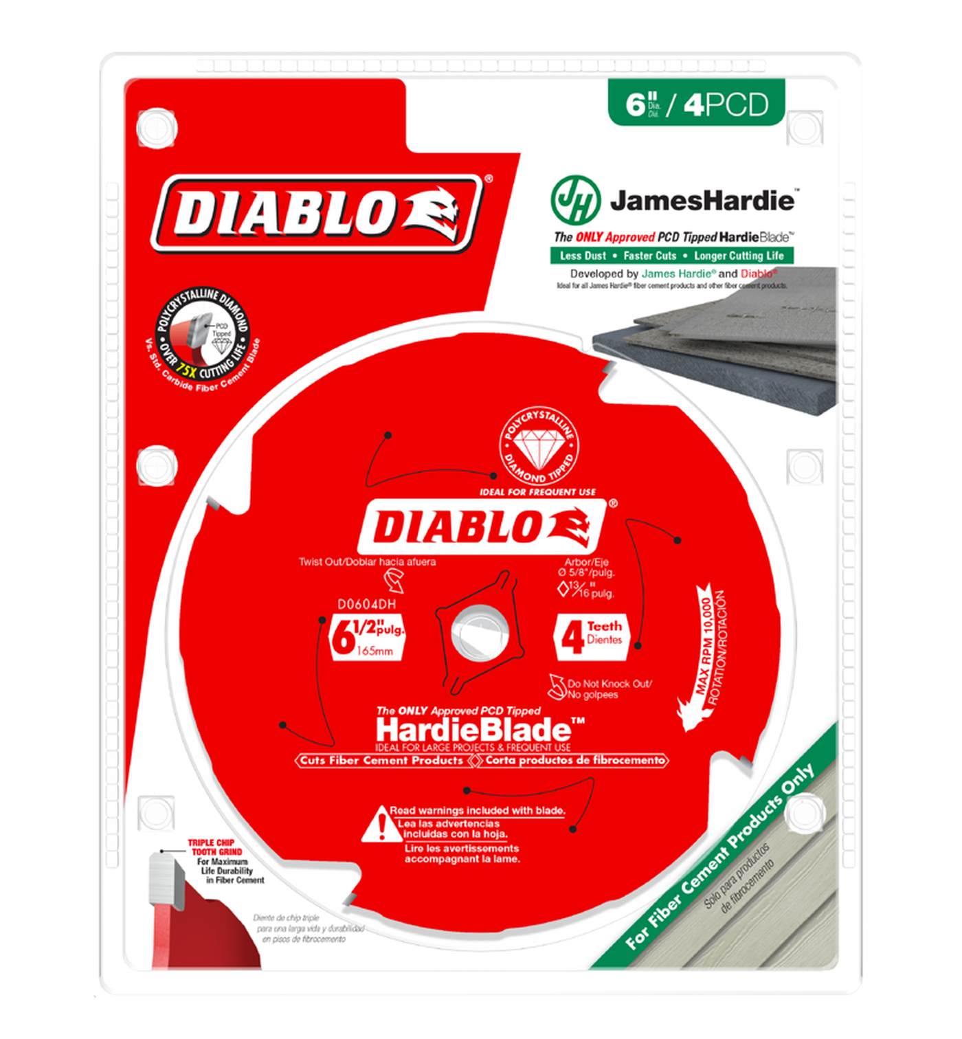 The professional retail packaging for the Diablo 6-1/2 inch fiber cement saw blade, highlighting features like the PCD triple chip design for over 75 times longer life, minimal dust generation, and endorsement by James Hardie.