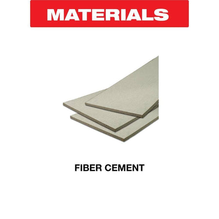 Material application infographic illustrating the compatibility of the Diablo HardieBlade for cutting all types of fiber cement products including siding, trim, backer board, and paneling.