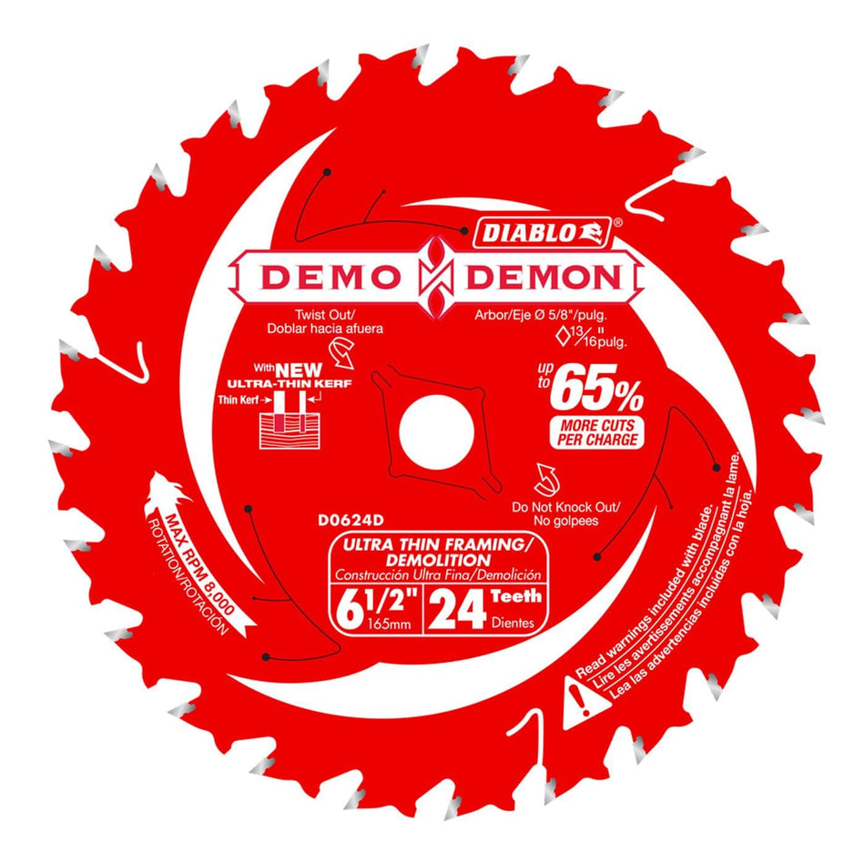 A high-resolution product photograph of the 6-1/2 inch Diablo Demo Demon ultra-thin framing and demolition circular saw blade. The red blade features white branding, highlighting the 24-tooth configuration, specialized ultra-thin kerf, and its capability to deliver up to 65 percent more cuts per charge in cordless saws for nail-embedded wood and demolition tasks.