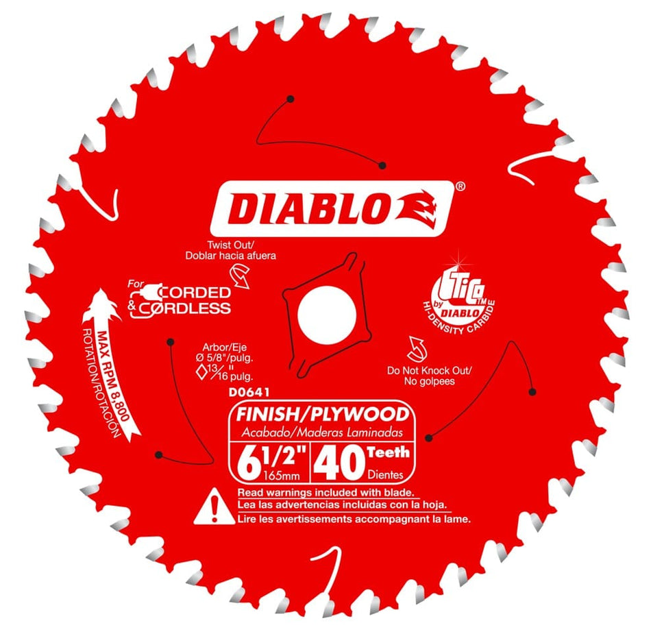 A high-resolution product image of the Diablo D0641A 6-1/2 inch 40-tooth circular saw blade, featuring a red non-stick Perma-Shield coating, high-performance TiCo carbide teeth, and a 5/8-inch arbor with a diamond knockout for corded and cordless wood cutting.