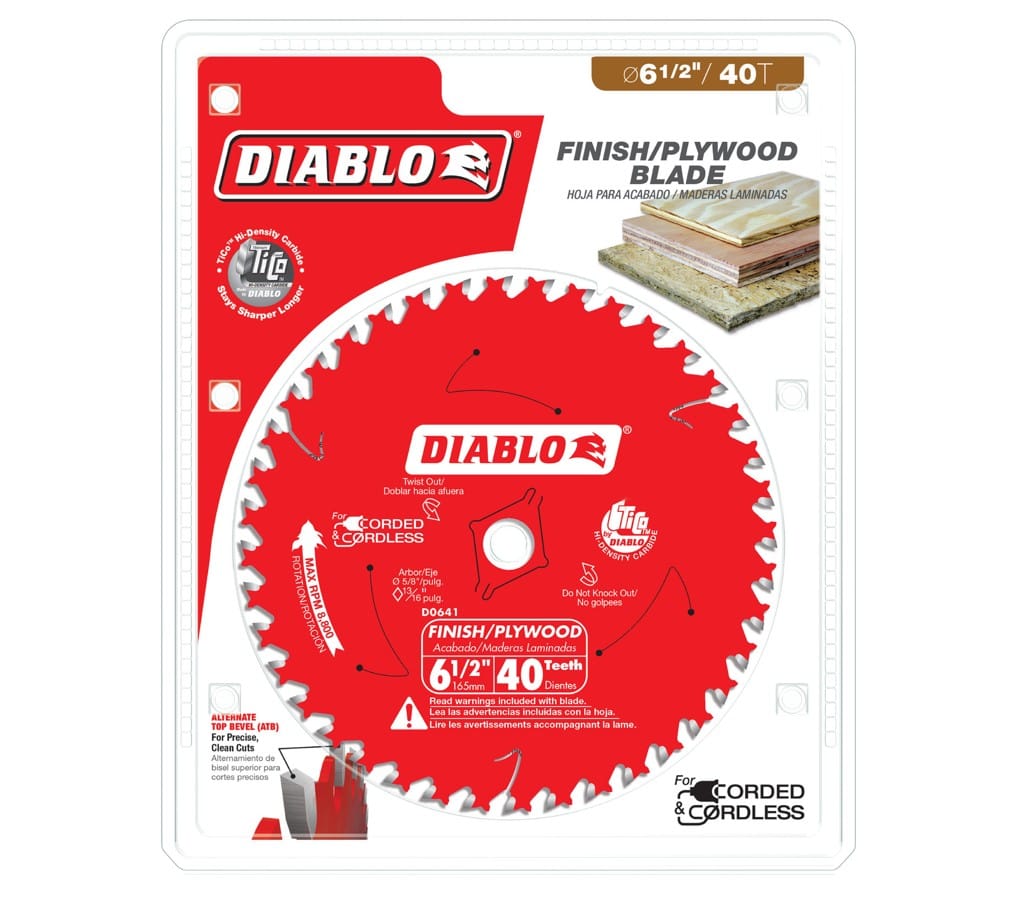 The retail packaging for the Diablo D0641A finish and plywood blade, highlighting the 6-1/2 inch diameter and 40-tooth alternate top bevel (ATB) design for precise, clean cuts in various wood materials.