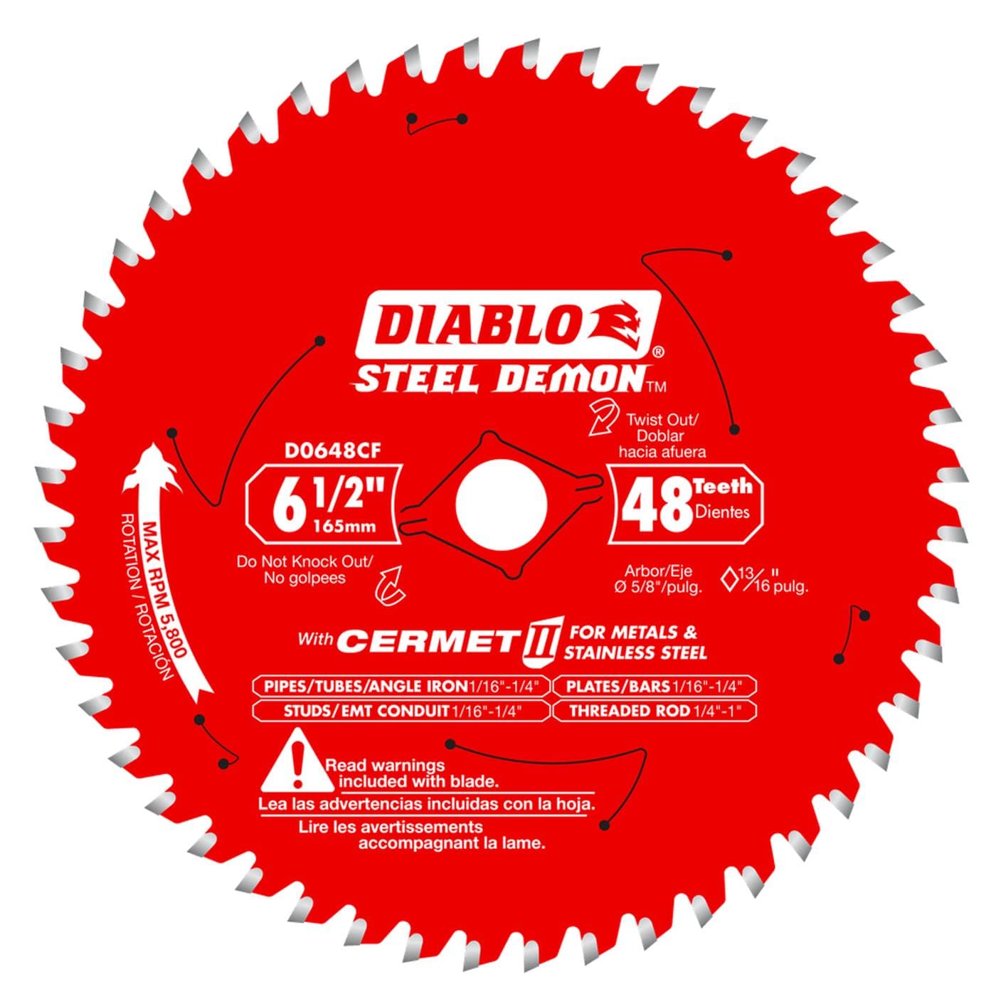 A high-resolution product photograph of the 6-1/2 inch Diablo Steel Demon Cermet II circular saw blade. The red blade features white branding, highlighting the 48-tooth configuration and specialized Cermet II technology for industrial metal and stainless steel cutting, including studs, EMT conduit, and threaded rod.