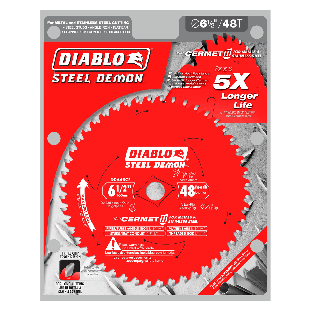 A professional retail shot of the 6-1/2 inch Diablo Steel Demon Cermet II saw blade in its original hanging card packaging. The design prominently displays the 5X longer life durability claim compared to standard metal cutting blades and specifies its application for metal and stainless steel fabrication.