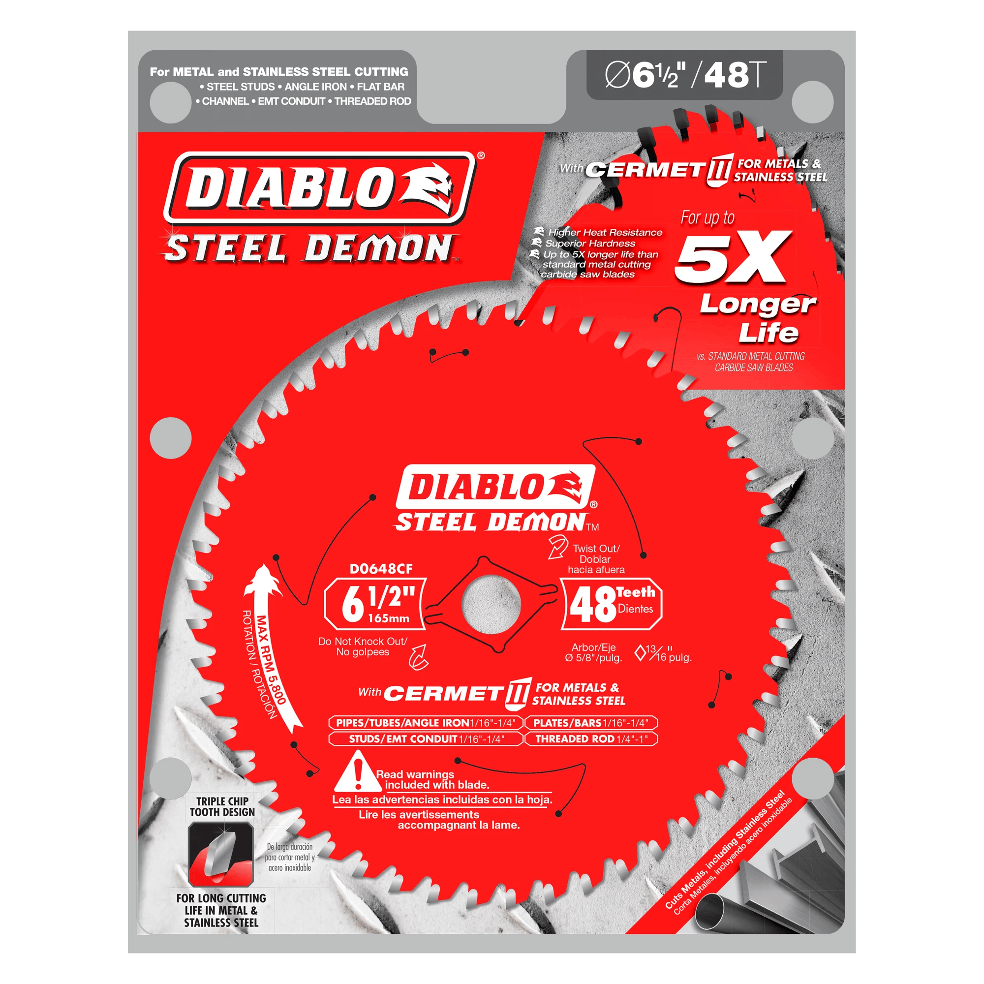 A professional retail shot of the 6-1/2 inch Diablo Steel Demon Cermet II saw blade in its original hanging card packaging. The design prominently displays the 5X longer life durability claim compared to standard metal cutting blades and specifies its application for metal and stainless steel fabrication.