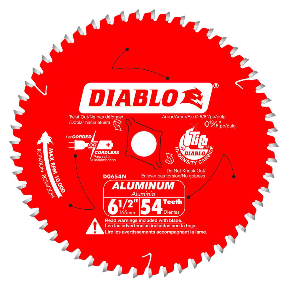 A high-resolution product photograph of a single 6-1/2 inch Diablo Aluminum Cutting Circular Saw Blade. The red blade features white branding, highlighting the 54-tooth configuration, 5/8-inch arbor, and specialized Triple Chip Grind tooth design optimized for non-ferrous metals like copper, brass, and plastic. A red 10,000 max RPM logo is featured on the left, emphasizing its high-speed capability.