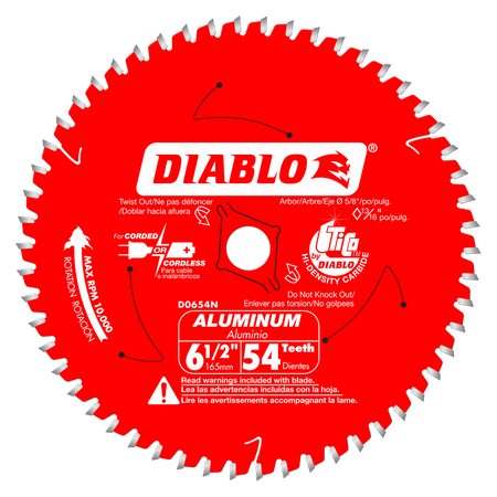 A high-resolution product photograph of a single 6-1/2 inch Diablo Aluminum Cutting Circular Saw Blade. The red blade features white branding, highlighting the 54-tooth configuration, 5/8-inch arbor, and specialized Triple Chip Grind tooth design optimized for non-ferrous metals like copper, brass, and plastic. A red 10,000 max RPM logo is featured on the left, emphasizing its high-speed capability.