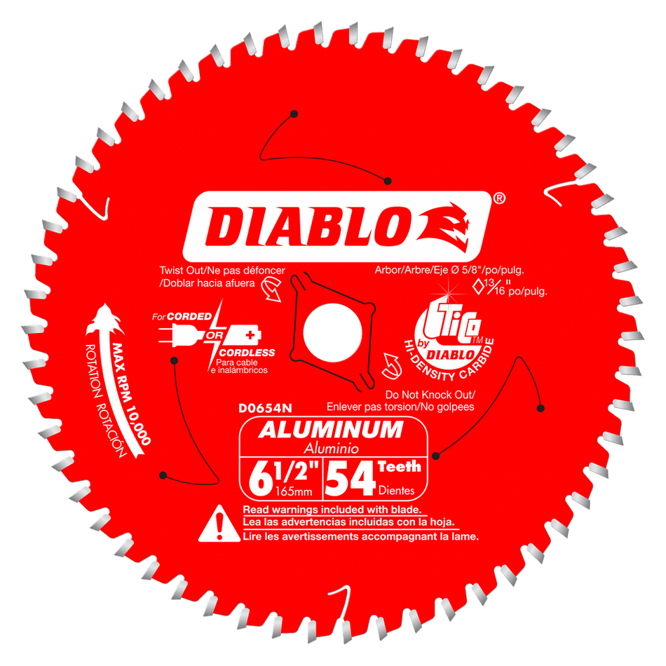 A high-resolution product photograph of a single 6-1/2 inch Diablo Aluminum Cutting Circular Saw Blade. The red blade features white branding, highlighting the 54-tooth configuration, 5/8-inch arbor, and specialized Triple Chip Grind tooth design optimized for non-ferrous metals like copper, brass, and plastic. A red 10,000 max RPM logo is featured on the left, emphasizing its high-speed capability.