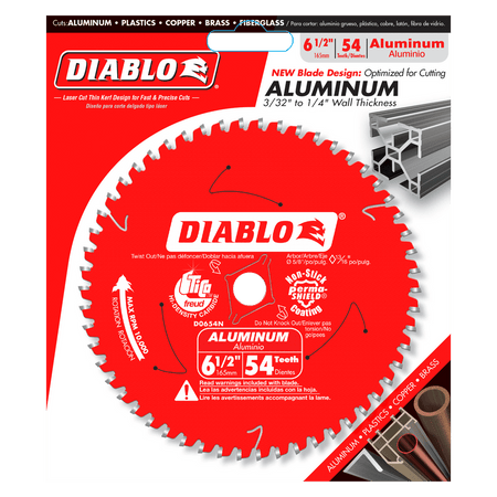 A professional retail shot of the 6-1/2 inch Diablo Aluminum Saw Blade in its original hanging card packaging. The design prominently displays the specialized use for aluminum with a 3/32 inch to 1/4 inch wall thickness and features a materials list including plastics, copper, brass, and fiberglass.