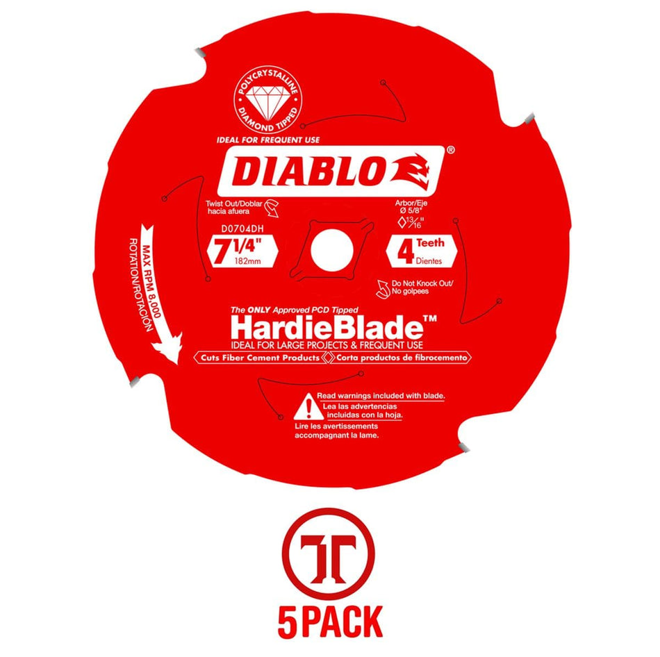 Diablo D0704DHA-5 7-1/4 Inch 4 Tooth HardieBlade Fiber Cement Saw Blade 5 Pack PCD Diamond Tipped Triple Chip Design for Dust Reduction and Long Life