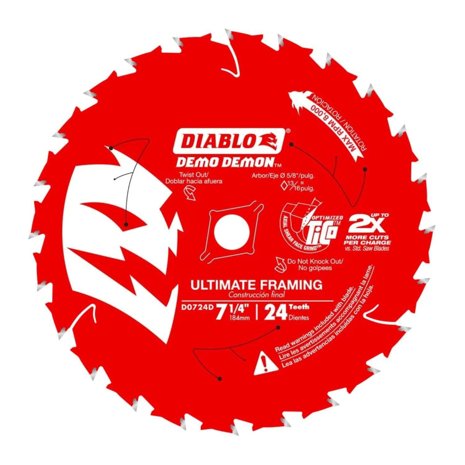 A top-down view of the red Diablo Demo Demon 7-1/4 inch 24-tooth framing and demolition saw blade, highlighting specialized features for nail-embedded wood and abrasive materials.