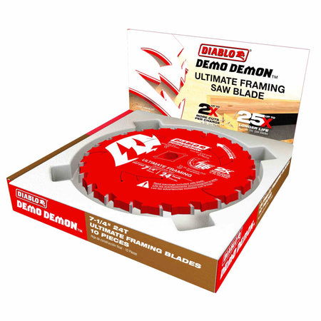 Product packaging for a 10-piece bulk pack of Diablo D0724DA 7-1/4 inch 24T Demo Demon ultimate framing saw blades, advertising up to 25 times longer life and more cuts per charge.