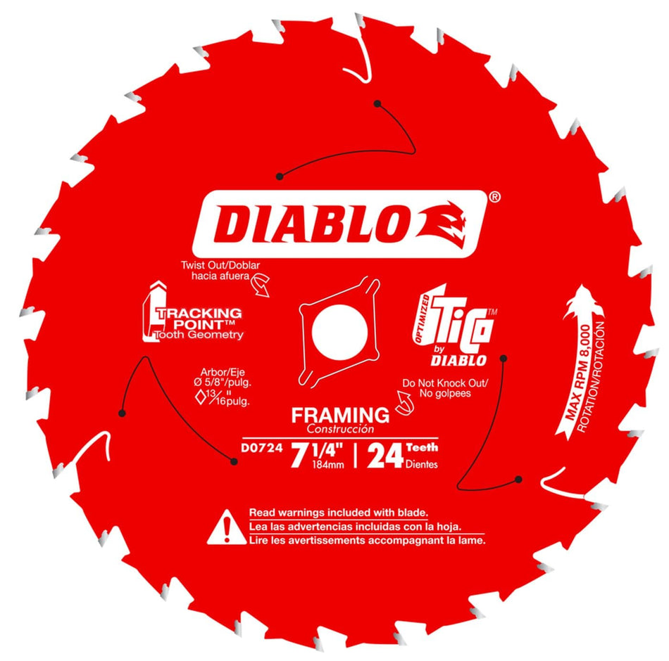 Diablo D0724 7-1/4 Inch 24 Tooth Carbide Tipped Framing Circular Saw Blade 5/8 Inch Arbor Laser Cut Thin Kerf TiCo High Density Carbide