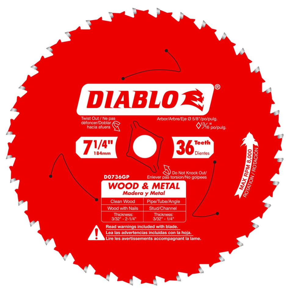 Diablo D0736GPA 7-1/4 Inch 36 Tooth Wood and Metal Carbide Circular Saw Blade C-ATB Thin Kerf TiCo Carbide 5/8 Arbor Steel Studs Nail Embedded Wood