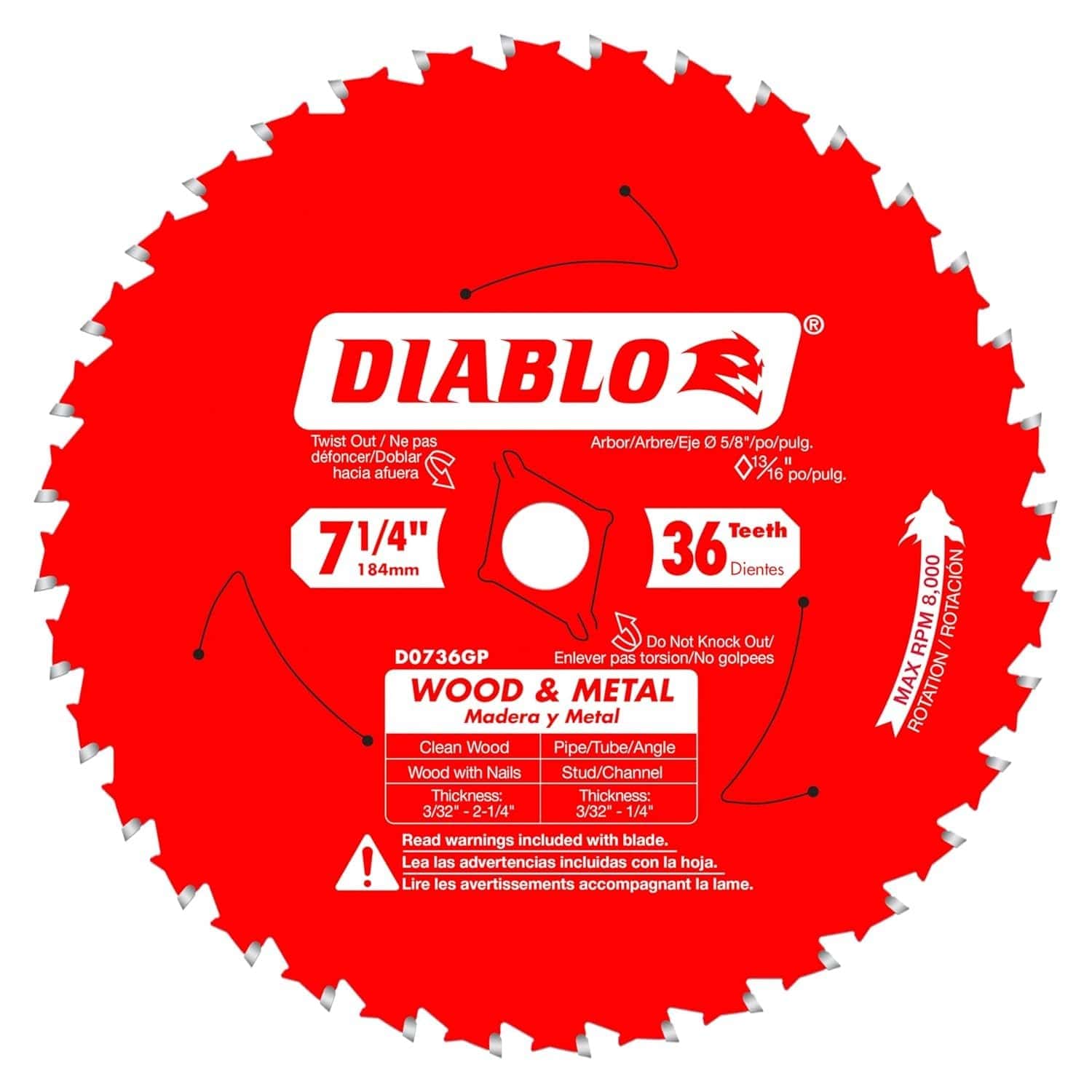Front view of the Diablo D0736GPX 7-1/4 inch 36-tooth circular saw blade, featuring the signature red Perma-SHIELD coating and specialized carbide teeth designed for cutting clean wood, nail-embedded wood, and ferrous metals.