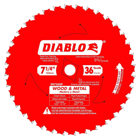 Front view of the Diablo D0736GPX 7-1/4 inch 36-tooth circular saw blade, featuring the signature red Perma-SHIELD coating and specialized carbide teeth designed for cutting clean wood, nail-embedded wood, and ferrous metals.