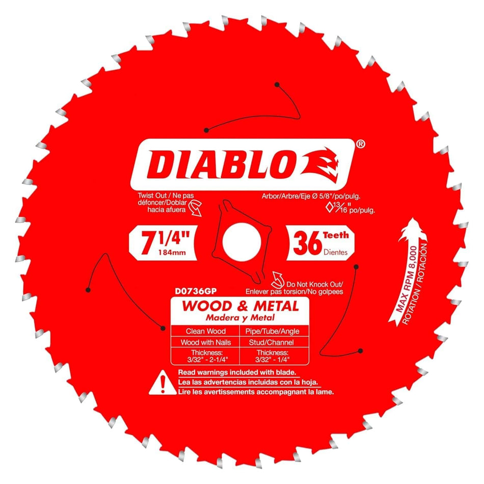 Front view of the Diablo D0736GPX 7-1/4 inch 36-tooth circular saw blade, featuring the signature red Perma-SHIELD coating and specialized carbide teeth designed for cutting clean wood, nail-embedded wood, and ferrous metals.