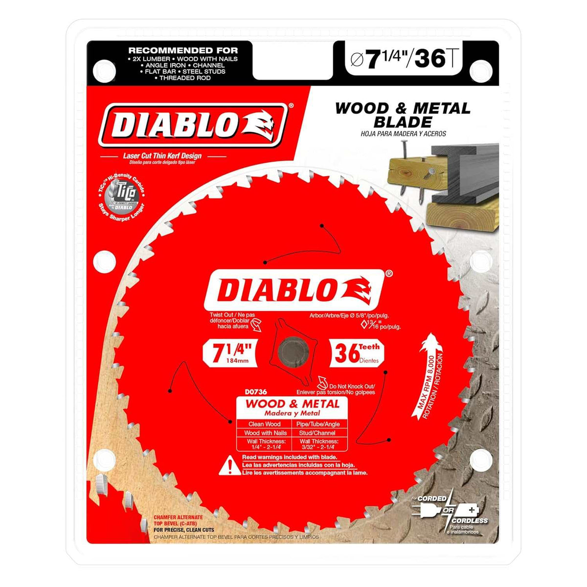 Retail packaging for the Diablo Wood and Metal saw blade, highlighting the laser-cut thin kerf design, TiCo high-density carbide teeth, and compatibility with corded and cordless 5/8 inch arbor circular saws.