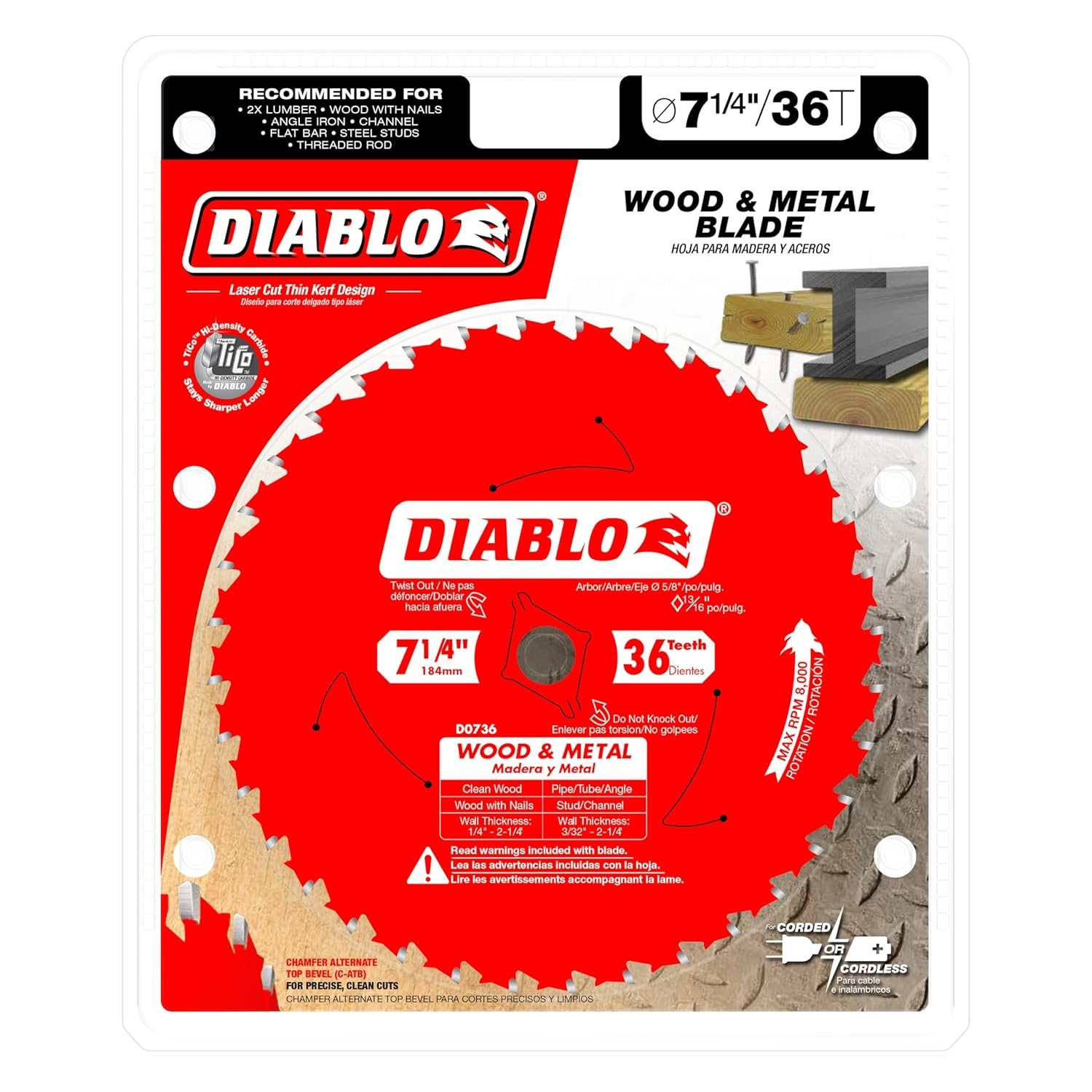 Retail packaging for the Diablo Wood and Metal saw blade, highlighting the laser-cut thin kerf design, TiCo high-density carbide teeth, and compatibility with corded and cordless 5/8 inch arbor circular saws.