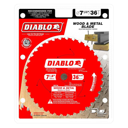 Retail packaging for the Diablo Wood and Metal saw blade, highlighting the laser-cut thin kerf design, TiCo high-density carbide teeth, and compatibility with corded and cordless 5/8 inch arbor circular saws.