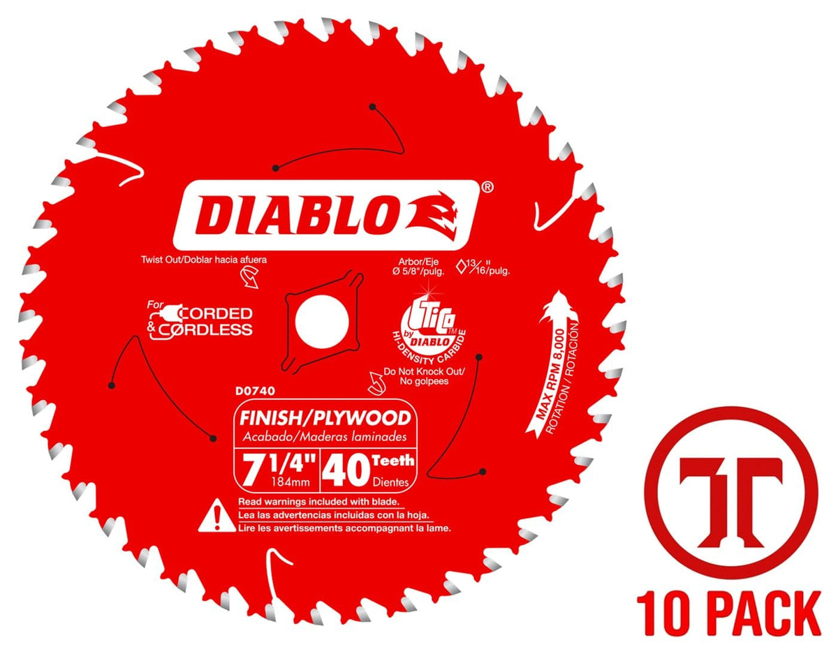 A direct overhead studio graphic layout of the 7-1/4 inch 40-tooth Diablo circular saw blade, emphasizing the high-density TiCo carbide teeth tips, red Perma-SHIELD non-stick coating, thin-kerf design markers, and a matching red 10 Pack emblem positioned in the lower corner.