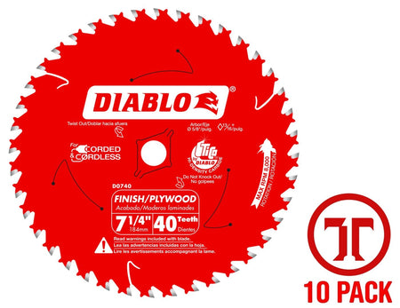 A direct overhead studio graphic layout of the 7-1/4 inch 40-tooth Diablo circular saw blade, emphasizing the high-density TiCo carbide teeth tips, red Perma-SHIELD non-stick coating, thin-kerf design markers, and a matching red 10 Pack emblem positioned in the lower corner.