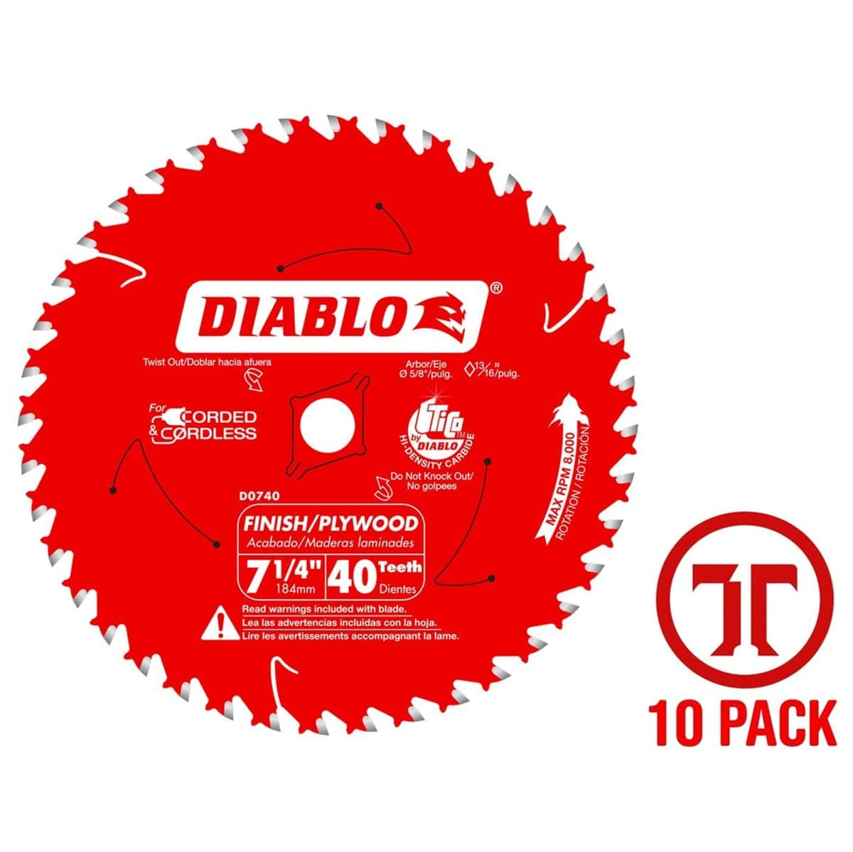 A direct overhead studio graphic of the red Diablo D0740A 7-1/4 inch 40-tooth circular saw blade featuring a 5/8 inch center arbor hole, laser-cut stabilizer vents, and specialized text indicators, standing next to a circular red and white 10 Pack retail logo badge.