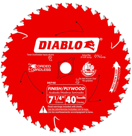 An exact duplicate overhead studio graphic of the red 7.25-inch 40T Diablo finishing and plywood saw blade layout against a white backdrop, detailing its micrograin carbide teeth tips, laser anti-vibration slots, and 5/8-inch knock-out arbor hole workspace.