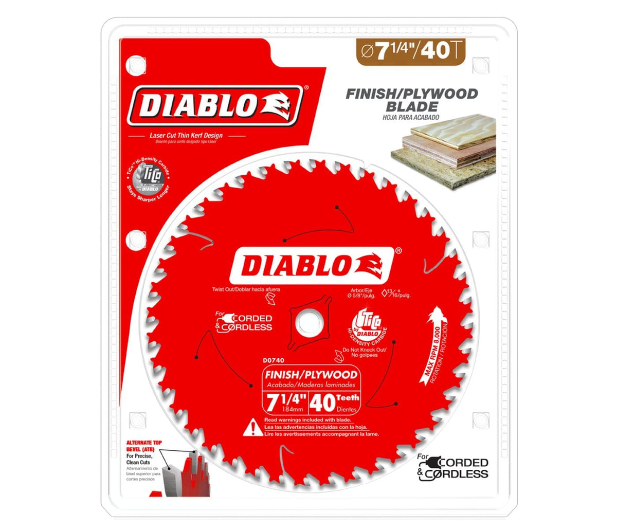 The red 7-1/4 inch 40-tooth Diablo finish circular saw blade enclosed inside its clear plastic contractor retail clamshell blister package, featuring informative graphic panels demonstrating thin-kerf wood stacking, an Alternate Top Bevel ATB diagram, and a corded and cordless tool badge.