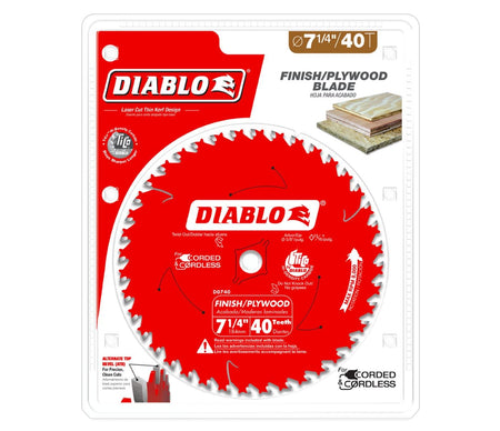 The red 7-1/4 inch 40-tooth Diablo finish circular saw blade enclosed inside its clear plastic contractor retail clamshell blister package, featuring informative graphic panels demonstrating thin-kerf wood stacking, an Alternate Top Bevel ATB diagram, and a corded and cordless tool badge.