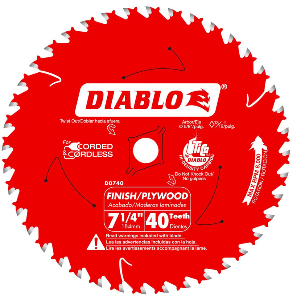 Front view of a Diablo 7-1/4 inch 40-tooth circular saw blade for finish and plywood cutting, featuring high-density TiCo carbide teeth and a red Perma-SHIELD non-stick coating.