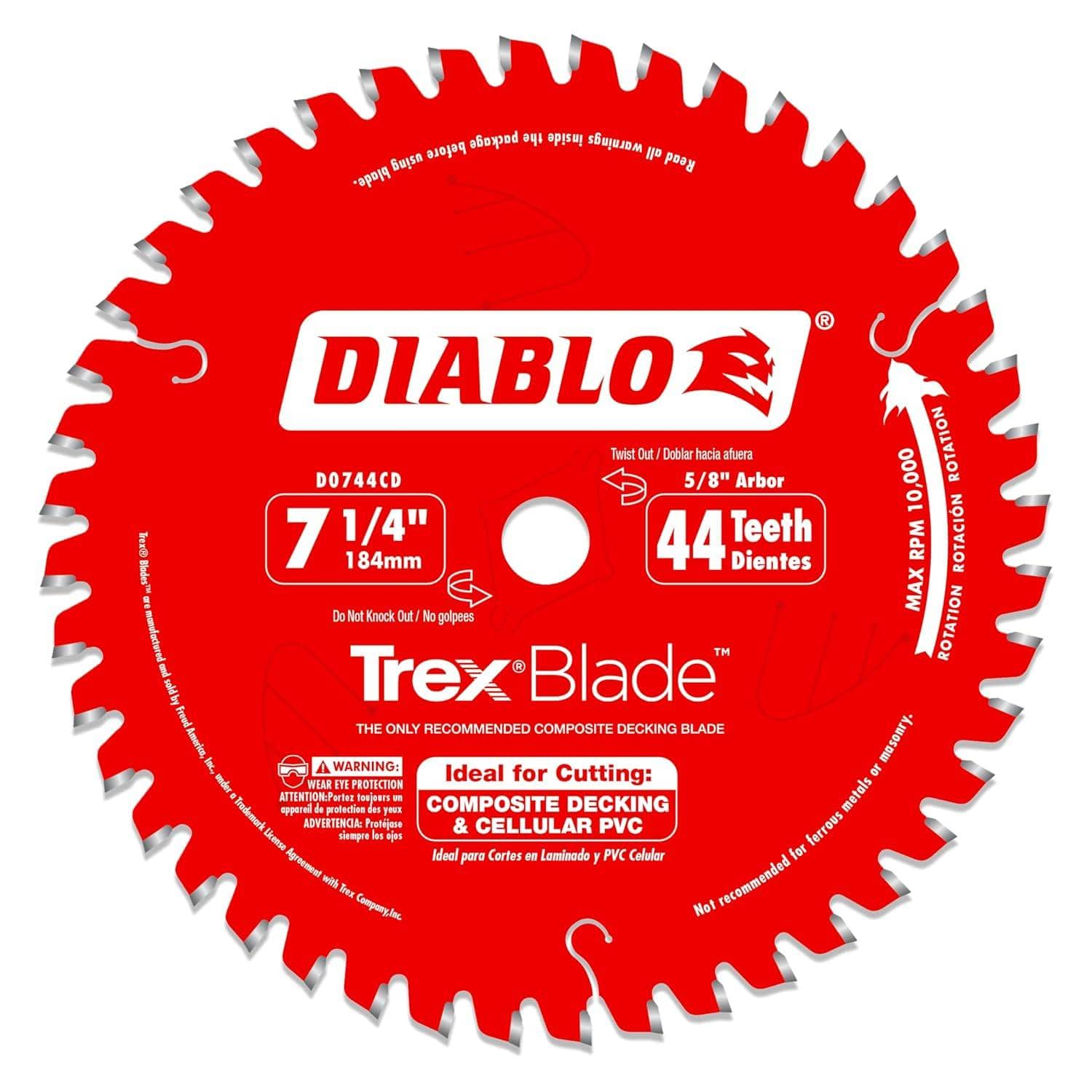 Front view of the Diablo D0744CD 7-1/4 inch 44-tooth TrexBlade circular saw blade specifically engineered for composite decking and cellular PVC, featuring a red Perma-SHIELD coating and MTCG tooth design.