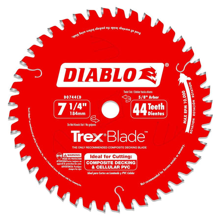 Front view of the Diablo D0744CD 7-1/4 inch 44-tooth TrexBlade circular saw blade specifically engineered for composite decking and cellular PVC, featuring a red Perma-SHIELD coating and MTCG tooth design.