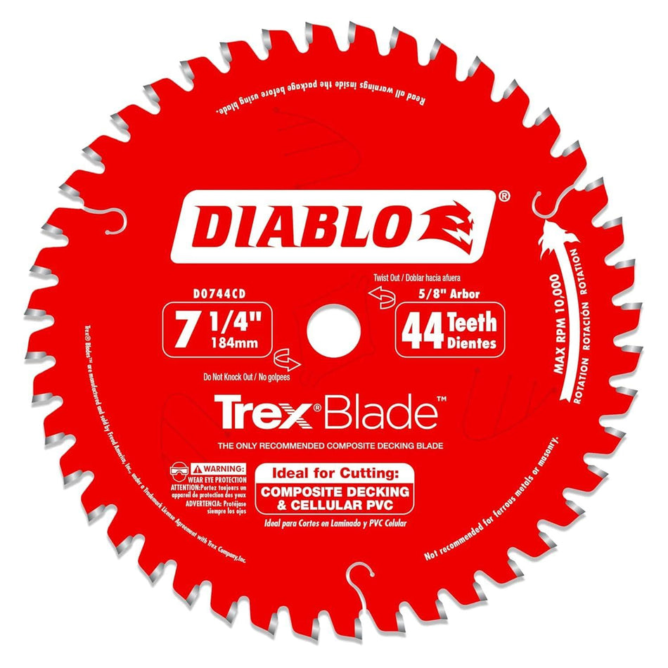 Front view of the Diablo D0744CD 7-1/4 inch 44-tooth TrexBlade circular saw blade specifically engineered for composite decking and cellular PVC, featuring a red Perma-SHIELD coating and MTCG tooth design.