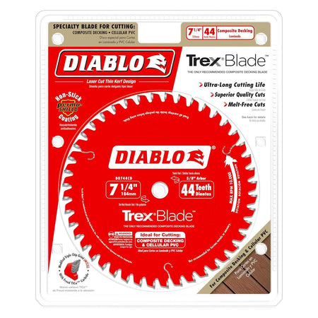 Retail packaging for the Diablo TrexBlade composite decking saw blade highlighting key benefits including ultra-long cutting life, superior quality finishes, and melt-free cuts in synthetic materials.