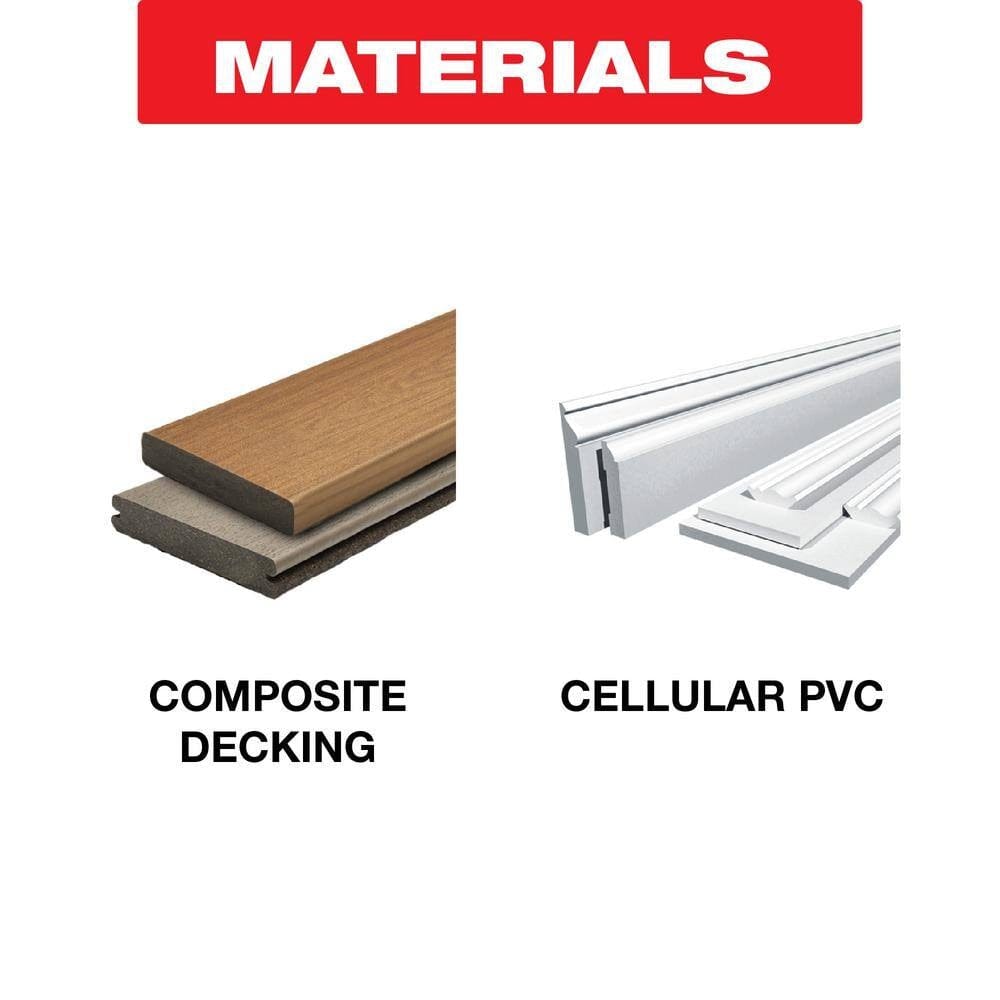 Material application graphic for the Diablo D0744CD saw blade illustrating its ideal performance when cutting professional-grade composite decking boards and cellular PVC trim and molding.