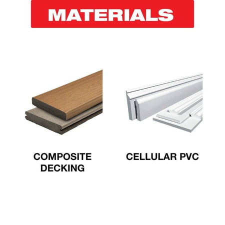 Material application graphic for the Diablo D0744CD saw blade illustrating its ideal performance when cutting professional-grade composite decking boards and cellular PVC trim and molding.