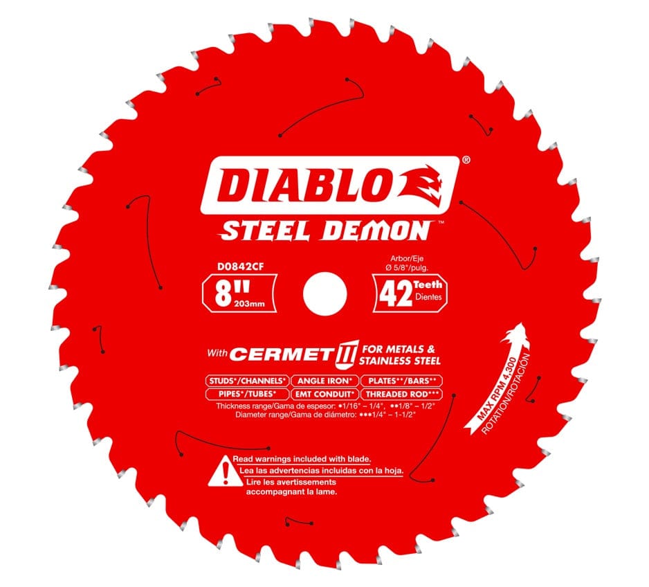 A flat, head-on view of the red Diablo D0842CF Steel Demon 8-inch 42-tooth saw blade, showing its Cermet II teeth and application text.