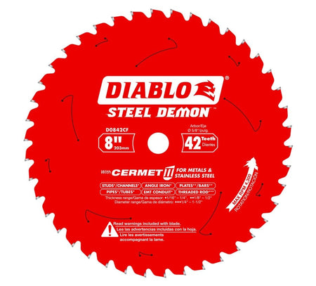 A flat, head-on view of the red Diablo D0842CF Steel Demon 8-inch 42-tooth saw blade, showing its Cermet II teeth and application text.
