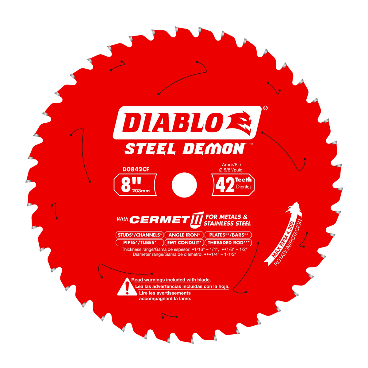 A flat, head-on view of the red Diablo D0842CF Steel Demon 8-inch 42-tooth saw blade, showing its Cermet II teeth and application text.