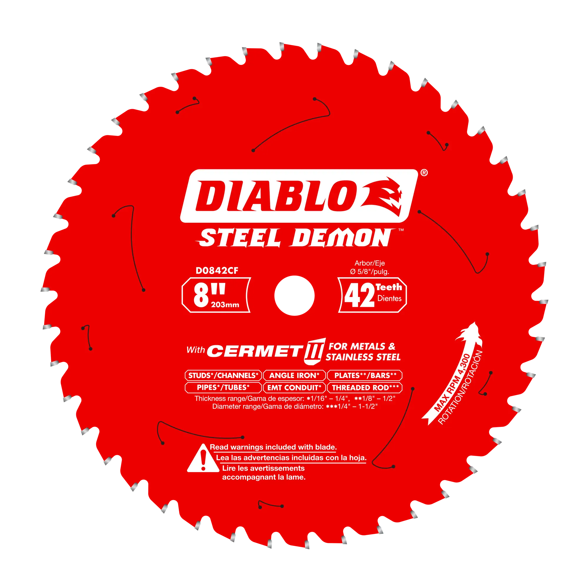 A flat, head-on view of the red Diablo D0842CF Steel Demon 8-inch 42-tooth saw blade, showing its Cermet II teeth and application text.