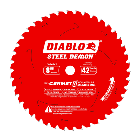 A flat, head-on view of the red Diablo D0842CF Steel Demon 8-inch 42-tooth saw blade, showing its Cermet II teeth and application text.