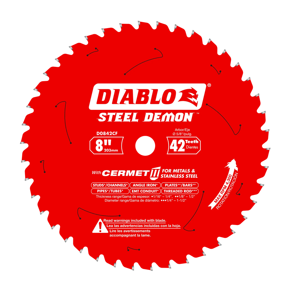 A flat, head-on view of the red Diablo D0842CF Steel Demon 8-inch 42-tooth saw blade, showing its Cermet II teeth and application text.